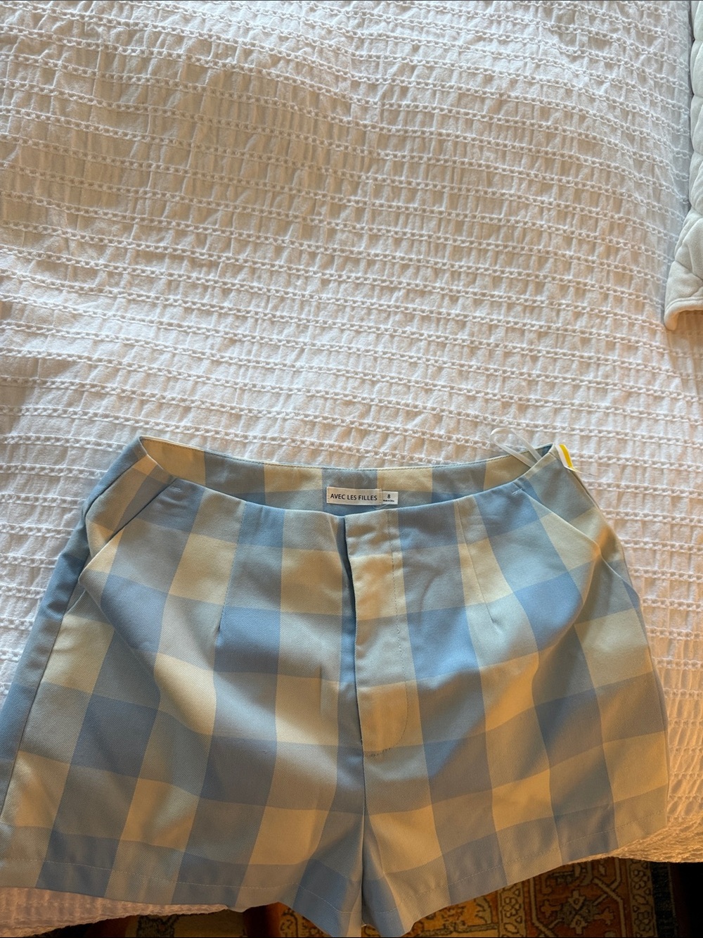 Avec Les Filles Light Blue and Cream Checked High-Waist Shorts